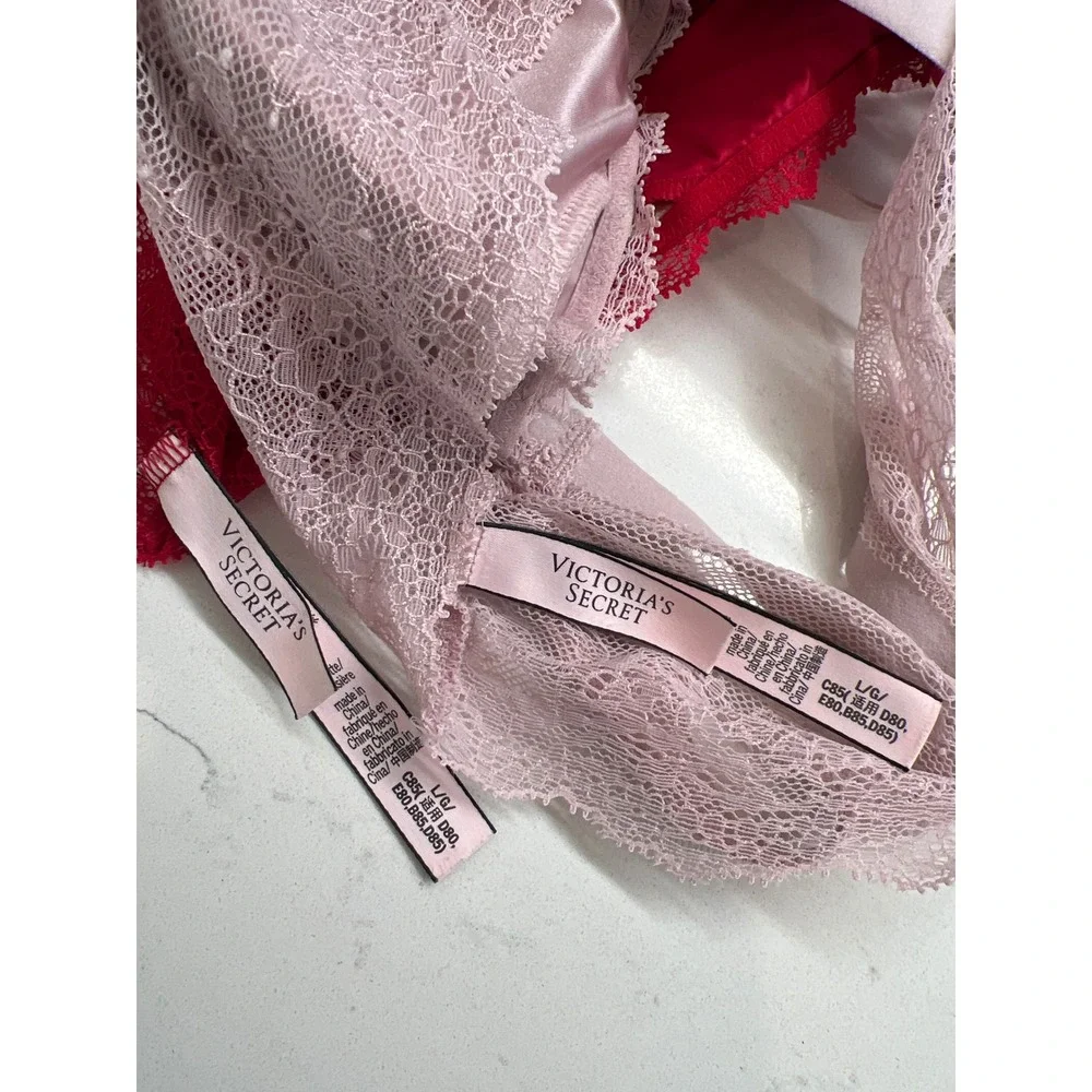 Victoria's‎ Secret Chantilly Lace Long Line Bralette Velvet Strap Large Red Pink
